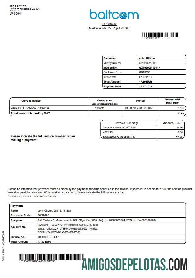 imprimível Modelo de conta de serviços públicos de telecomunicações Baltcom da Letônia em formato Word e PDF (versão em inglês)